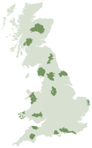 Map of the UK showing National Park locations